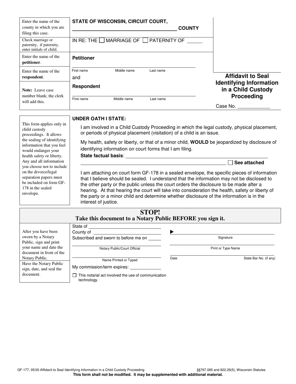 Form GF-177 Affidavit to Seal Identifying Information in a Child Custody Proceeding - Wisconsin, Page 1