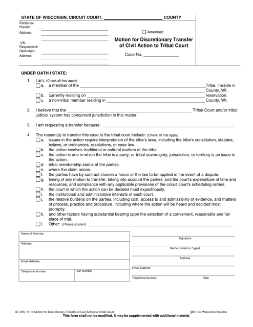 Form GF-206 Motion for Discretionary Transfer of Civil Action to Tribal Court - Wisconsin