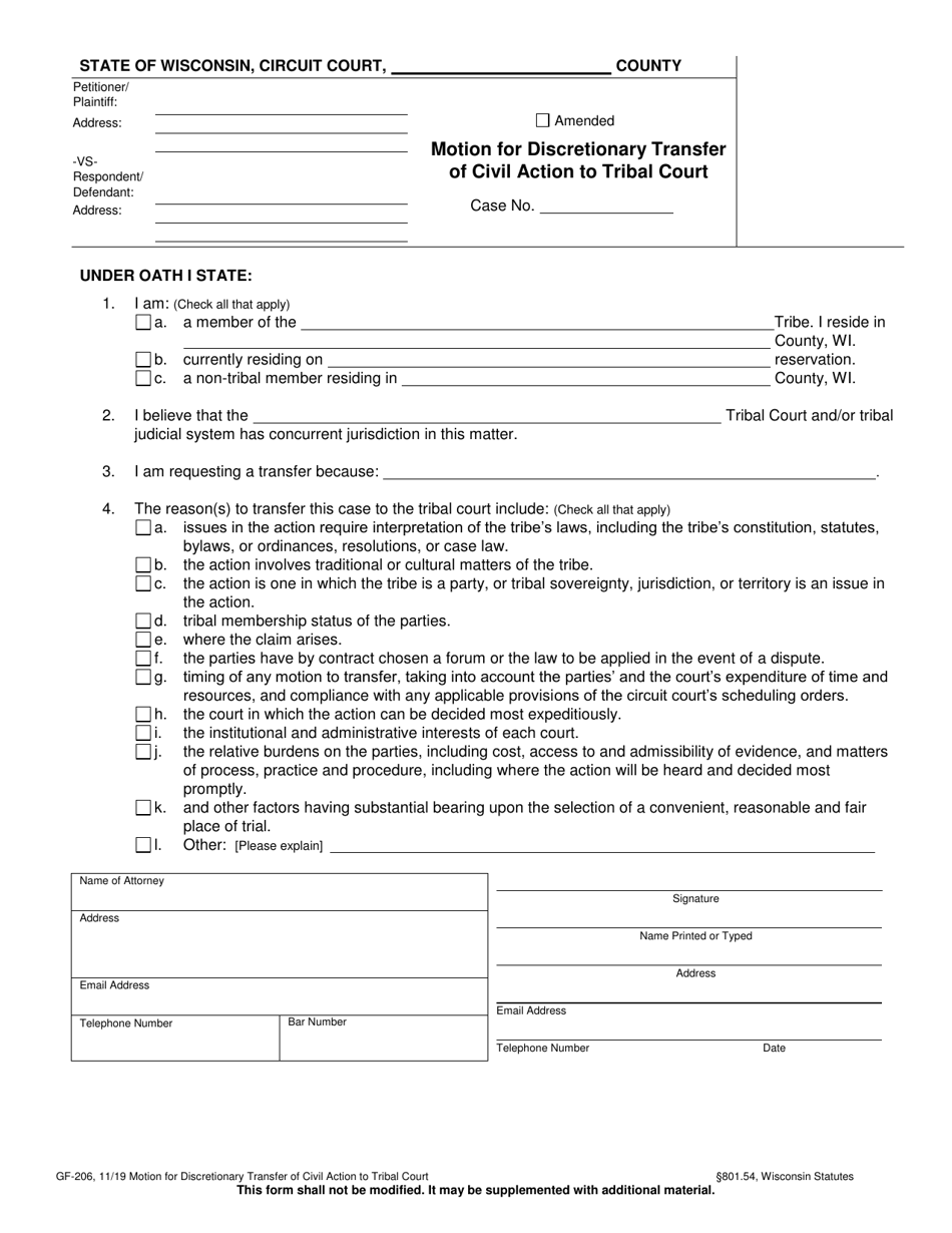 Form GF-206 Motion for Discretionary Transfer of Civil Action to Tribal Court - Wisconsin, Page 1