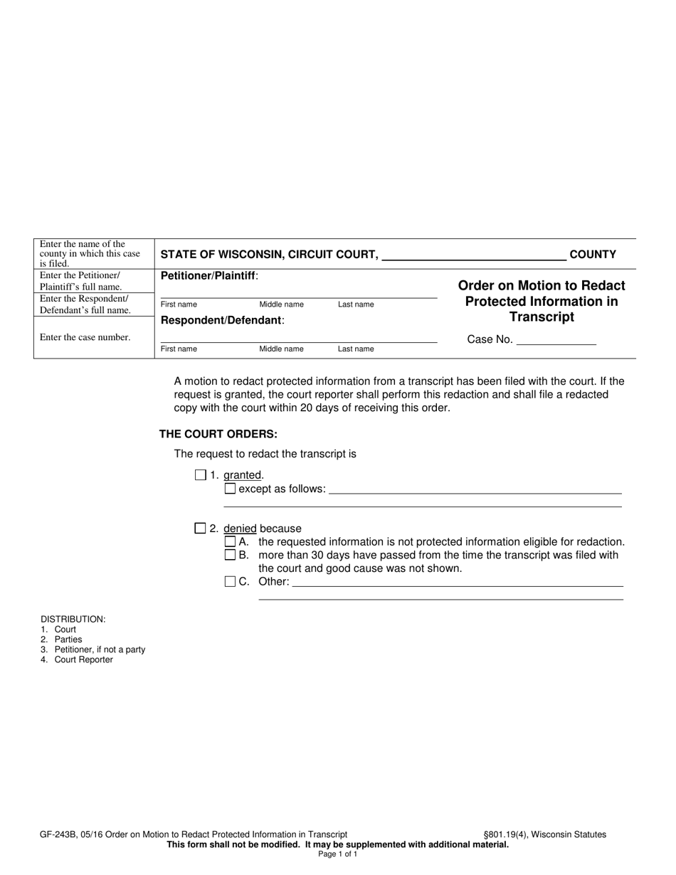 Form GF-243B Order on Motion to Redact Protected Information in Transcript - Wisconsin, Page 1