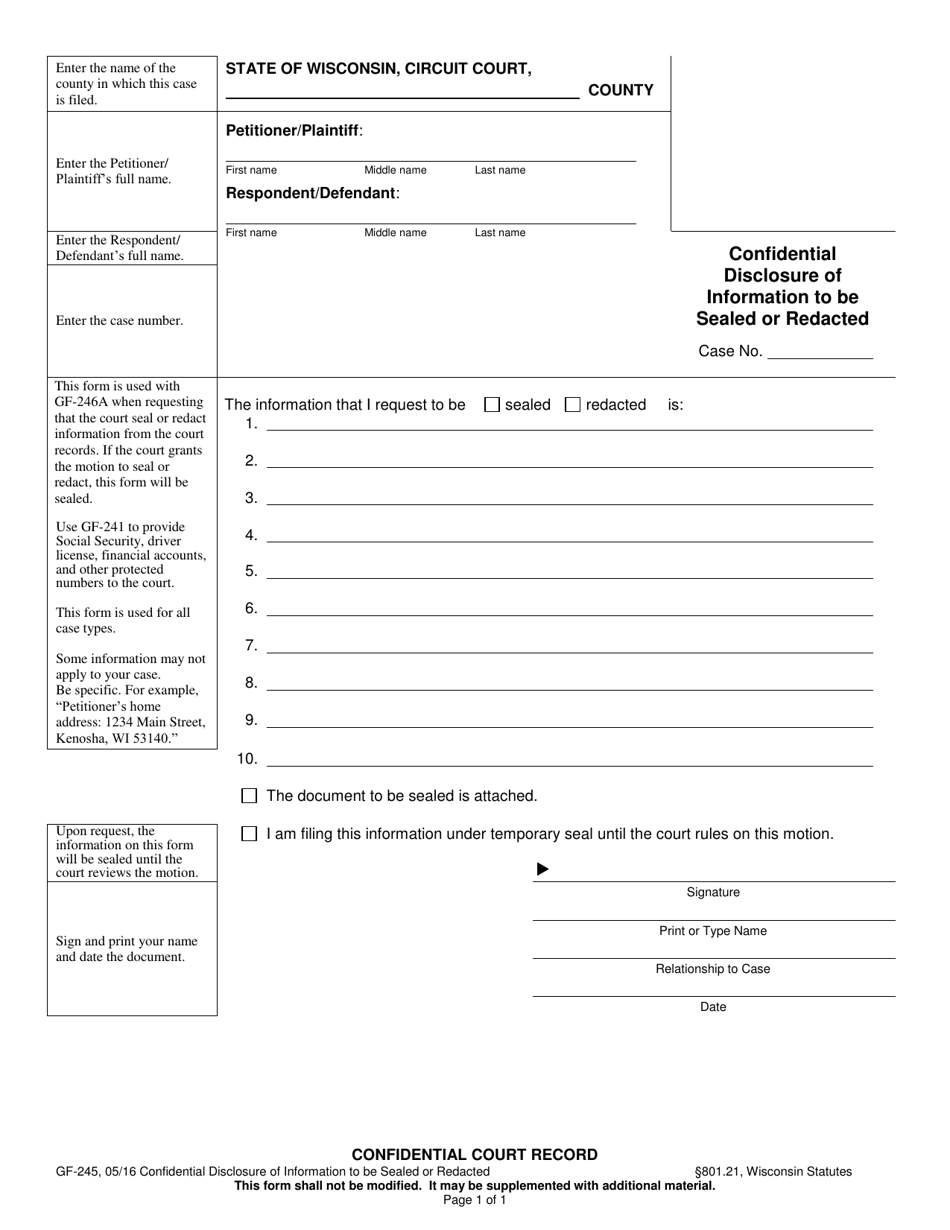 Form GF-245 Confidential Disclosure of Information to Be Sealed or Redacted - Wisconsin, Page 1