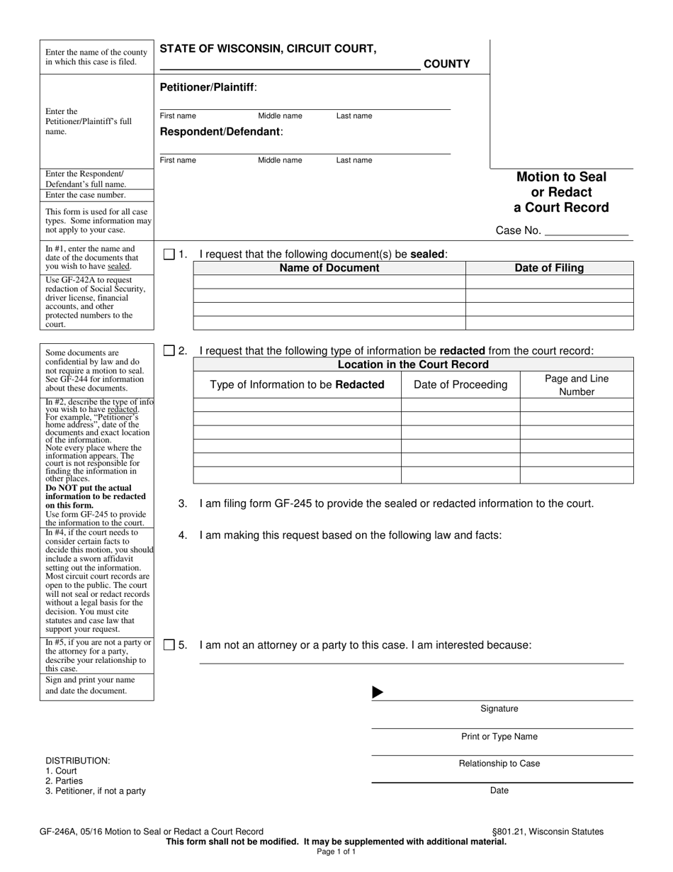 Form GF-246A Motion to Seal or Redact a Court Record - Wisconsin, Page 1