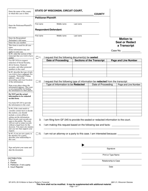 Form GF-247A Motion to Seal or Redact a Transcript - Wisconsin