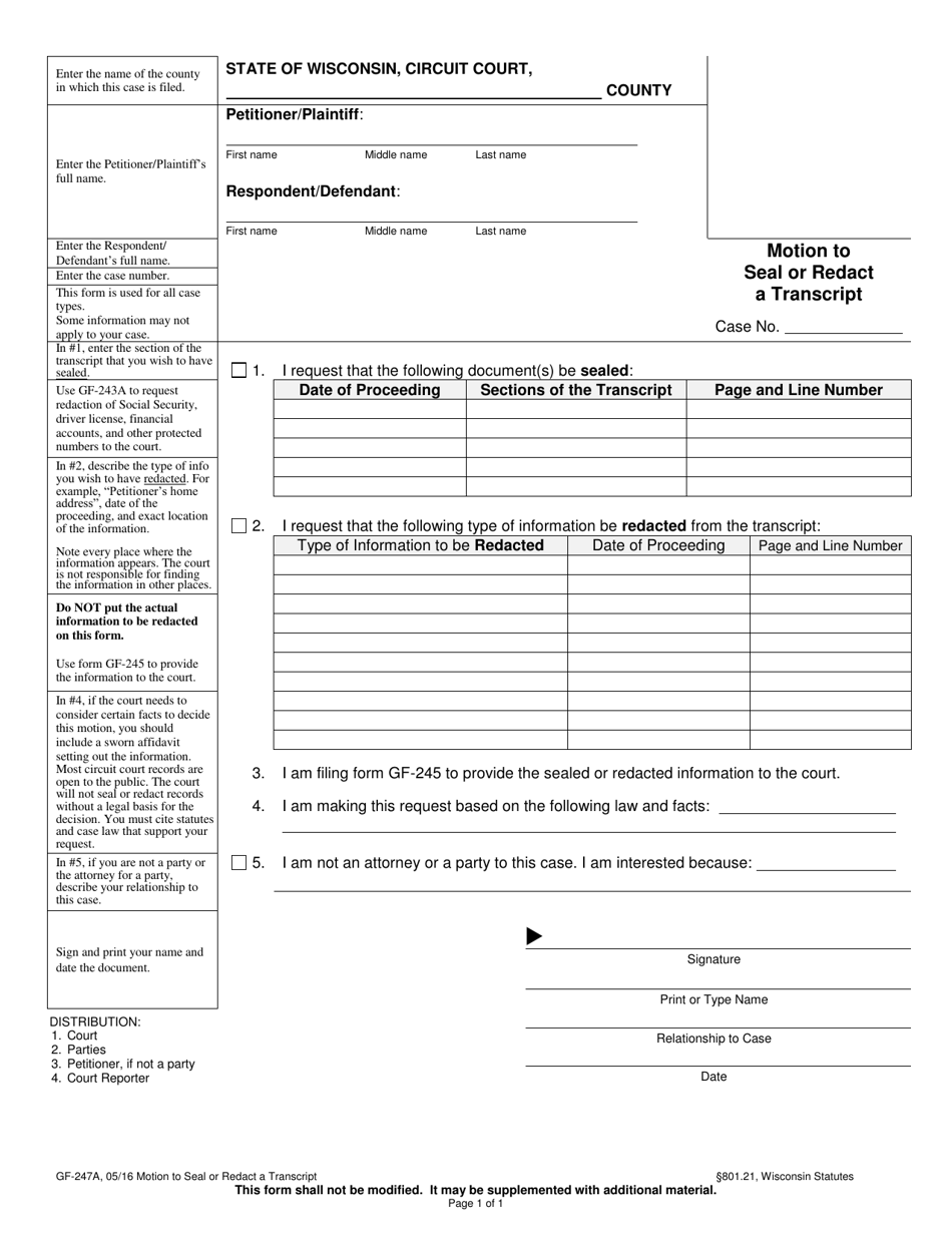 Form GF-247A Motion to Seal or Redact a Transcript - Wisconsin, Page 1