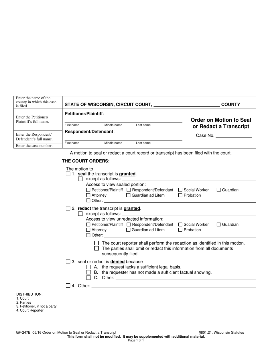 Form GF-247B Order on Motion to Seal or Redact a Transcript - Wisconsin, Page 1