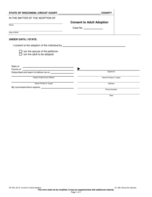 Form GF-302 Consent to Adult Adoption - Wisconsin
