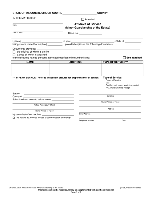 Form GN-3122 Affidavit of Service (Minor Guardianship of the Estate) - Wisconsin