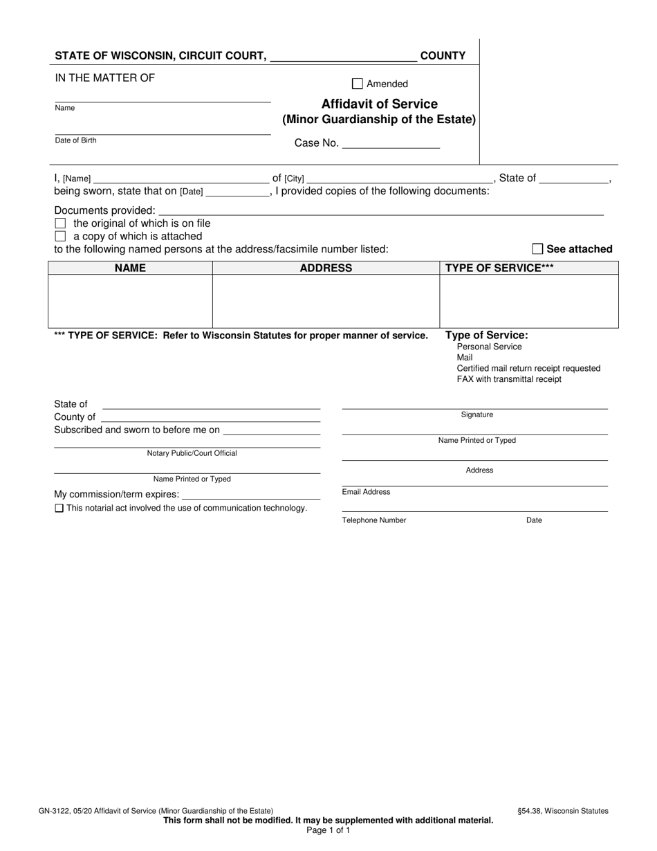 Form GN-3122 Affidavit of Service (Minor Guardianship of the Estate) - Wisconsin, Page 1