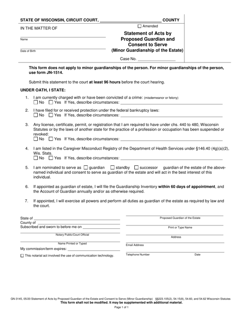 Form GN-3145 Statement of Acts by Proposed Guardian and Consent to Serve (Minor Guardianship of the Estate) - Wisconsin