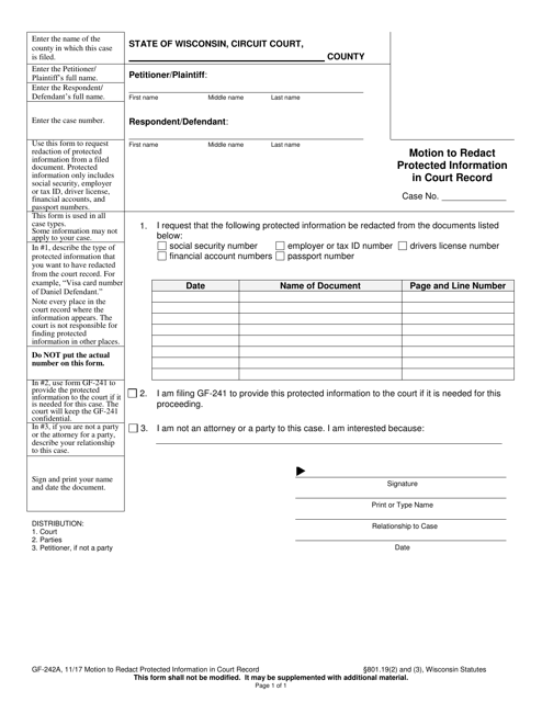 Form GF-242A Motion to Redact Protected Information in Court Record - Wisconsin