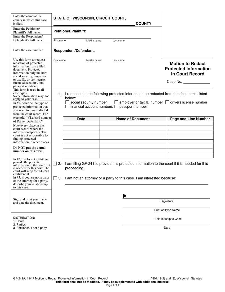 Form GF-242A Motion to Redact Protected Information in Court Record - Wisconsin, Page 1