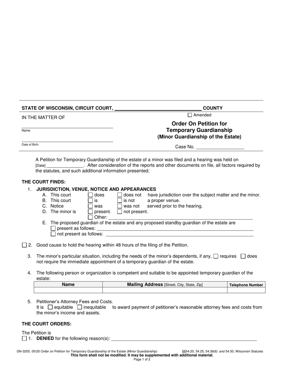 Form GN-3255 Order on Petition for Temporary Guardianship (Minor Guardianship of the Estate ) - Wisconsin, Page 1