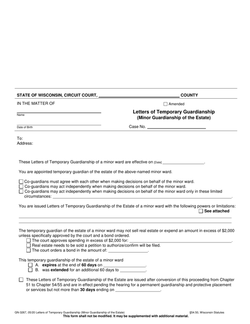 Form GN-3267 Letters of Temporary Guardianship (Minor Guardianship of the Estate) - Wisconsin