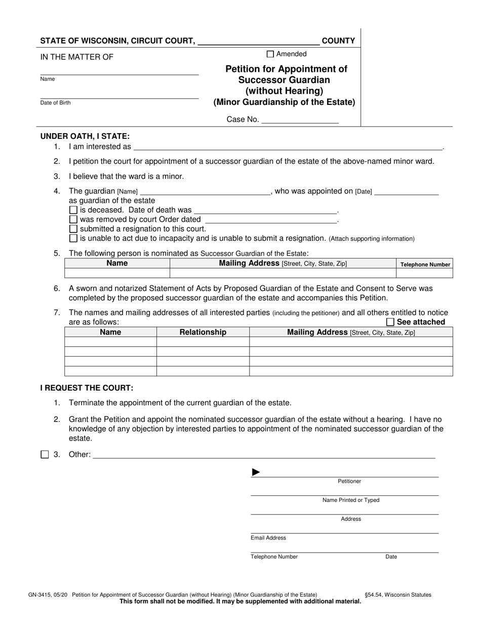 Form GN-3415 Petition for Appointment of Successor Guardian (Without Hearing) (Minor Guardianship of the Estate) - Wisconsin, Page 1
