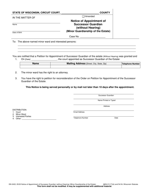 Form GN-3432 Notice of Appointment of Successor Guardian (Without Hearing) (Minor Guardianship of the Estate) - Wisconsin