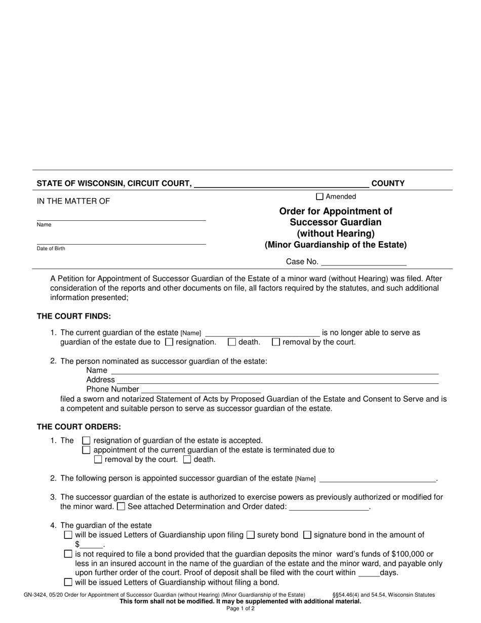 Form GN-3424 Order for Appointment of Successor Guardian (Without Hearing) (Minor Guardianship of the Estate) - Wisconsin, Page 1