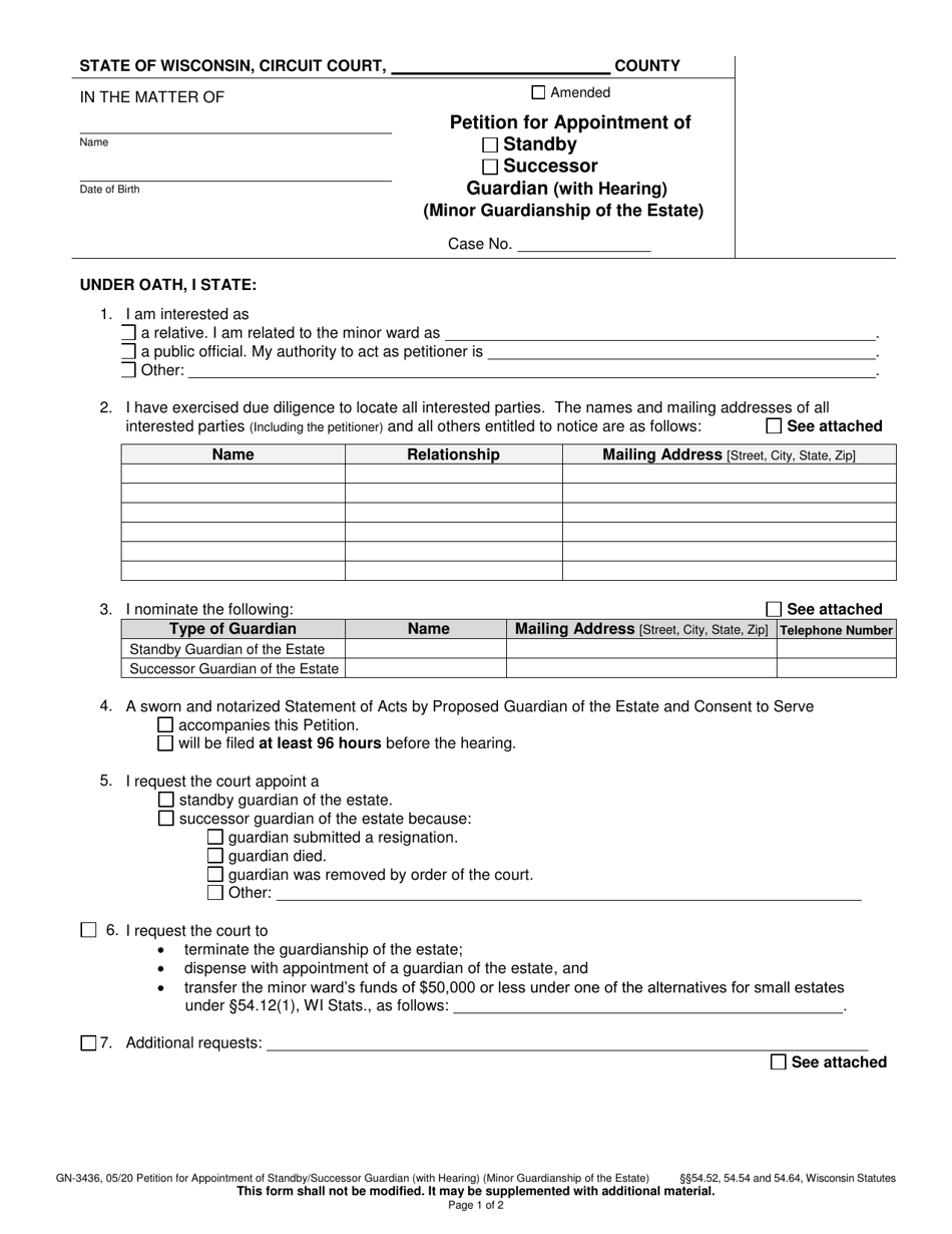 Form GN-3436 Petition for Appointment of Standby or Successor Guardian (With Hearing) (Minor Guardianship of the Estate) - Wisconsin, Page 1