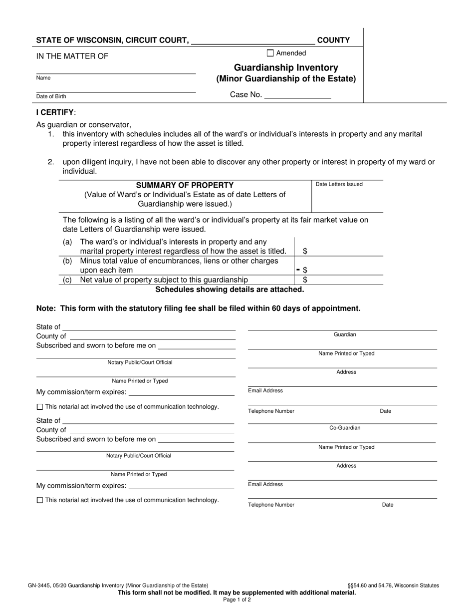 Form GN-3445 Guardianship Inventory (Minor Guardianship of the Estate) - Wisconsin, Page 1