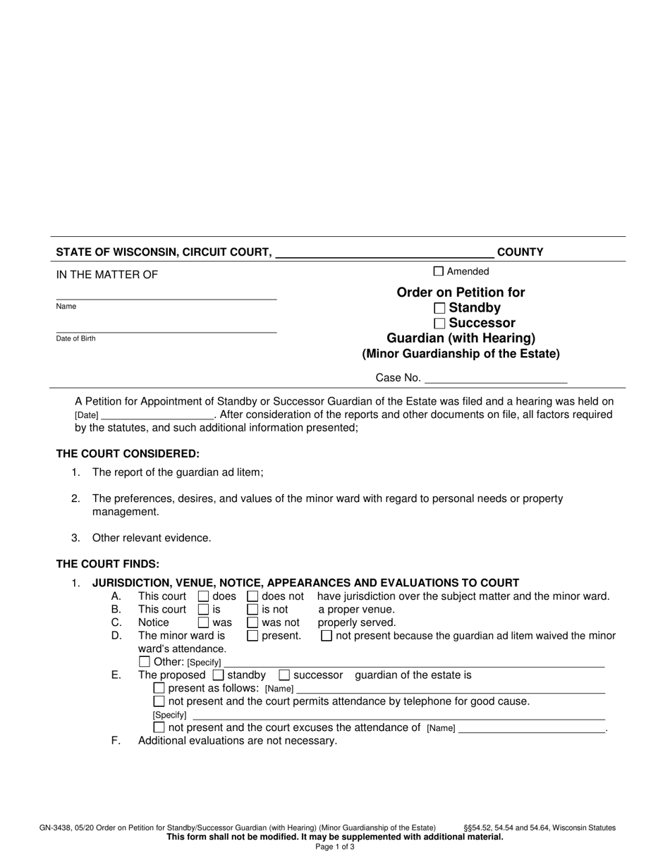 Form GN-3438 Order on Petition for Standby / Successor Guardian (With Hearing) (Minor Guardianship of the Estate) - Wisconsin, Page 1