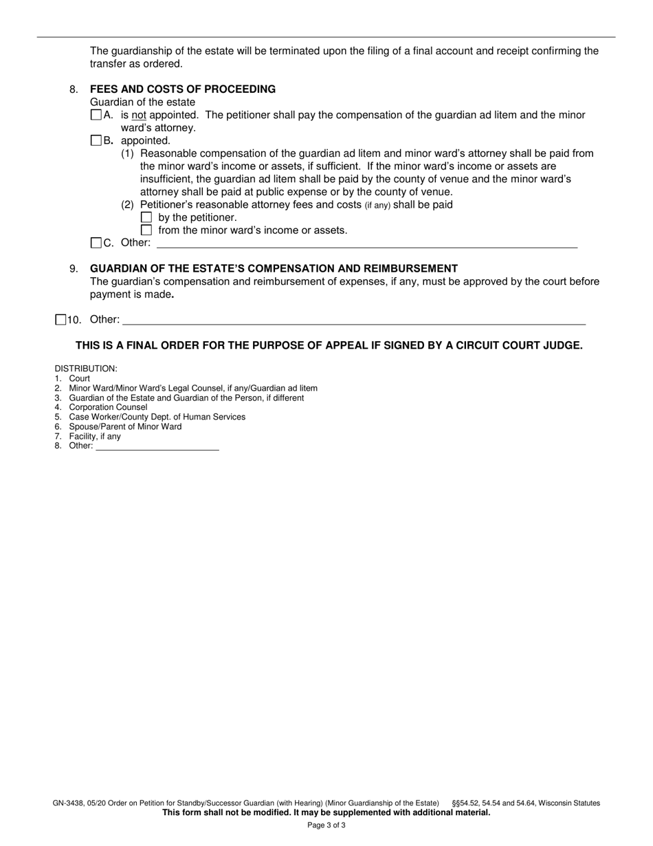 Form GN-3438 Order on Petition for Standby / Successor Guardian (With Hearing) (Minor Guardianship of the Estate) - Wisconsin, Page 3
