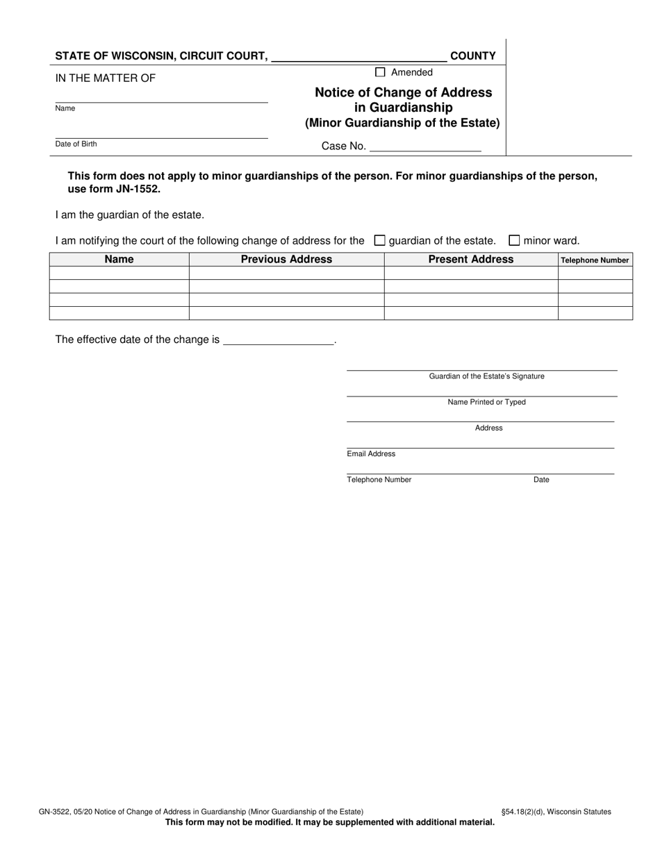 Form GN-3522 Notice of Change of Address in Guardianship (Minor Guardianship of the Estate) - Wisconsin, Page 1