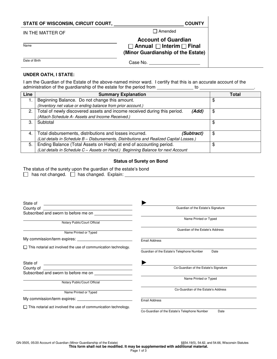 Form GN-3505 Account of Guardian - Annual / Interim / Final (Minor Guardianship of the Estate) - Wisconsin, Page 1