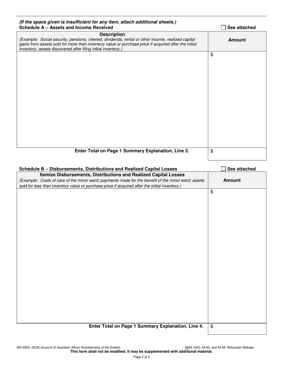 Form GN-3505 Account of Guardian - Annual / Interim / Final (Minor Guardianship of the Estate) - Wisconsin, Page 2