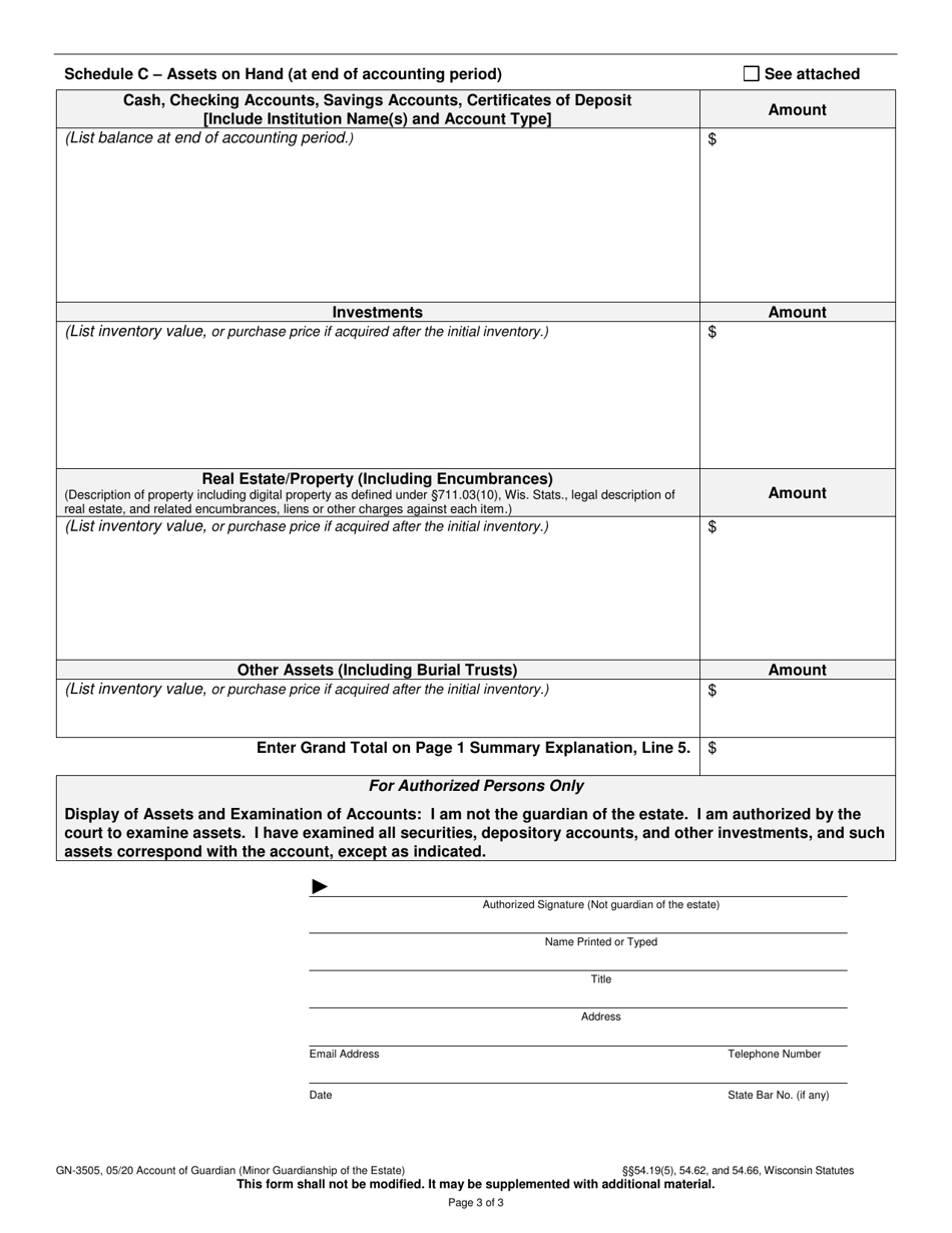Form GN-3505 Account of Guardian - Annual / Interim / Final (Minor Guardianship of the Estate) - Wisconsin, Page 3