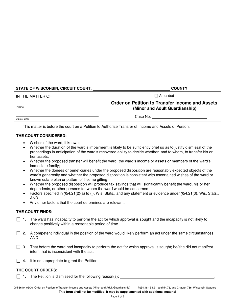 Form GN-3640 Order on Petition to Transfer Income and Assets (Minor and Adult Guardianship) - Wisconsin, Page 1