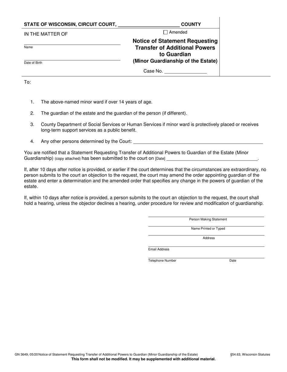 Form GN-3649 Notice of Statement Requesting Transfer of Additional Powers to Guardian (Minor Guardianship of the Estate) - Wisconsin, Page 1