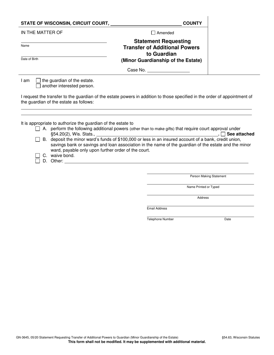 Form GN-3645 Statement Requesting Transfer of Additional Powers to Guardian (Minor Guardianship of the Estate) - Wisconsin, Page 1