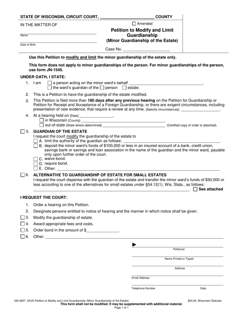 Form GN-3657 Petition to Modify and Limit Guardianship (Minor Guardianship of the Estate) - Wisconsin