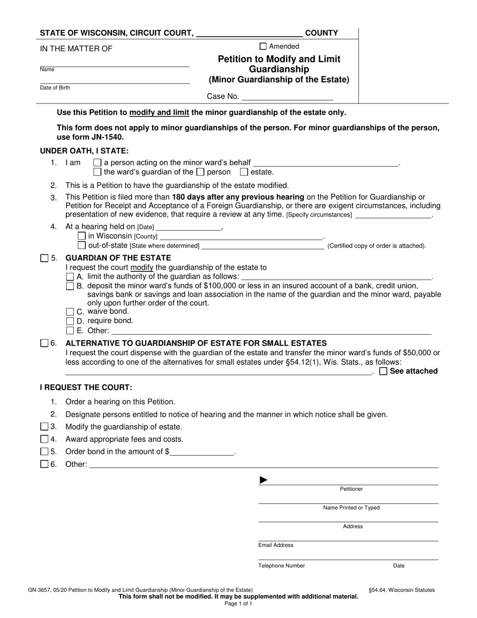 Form GN-3657 Petition to Modify and Limit Guardianship (Minor Guardianship of the Estate) - Wisconsin, Page 1