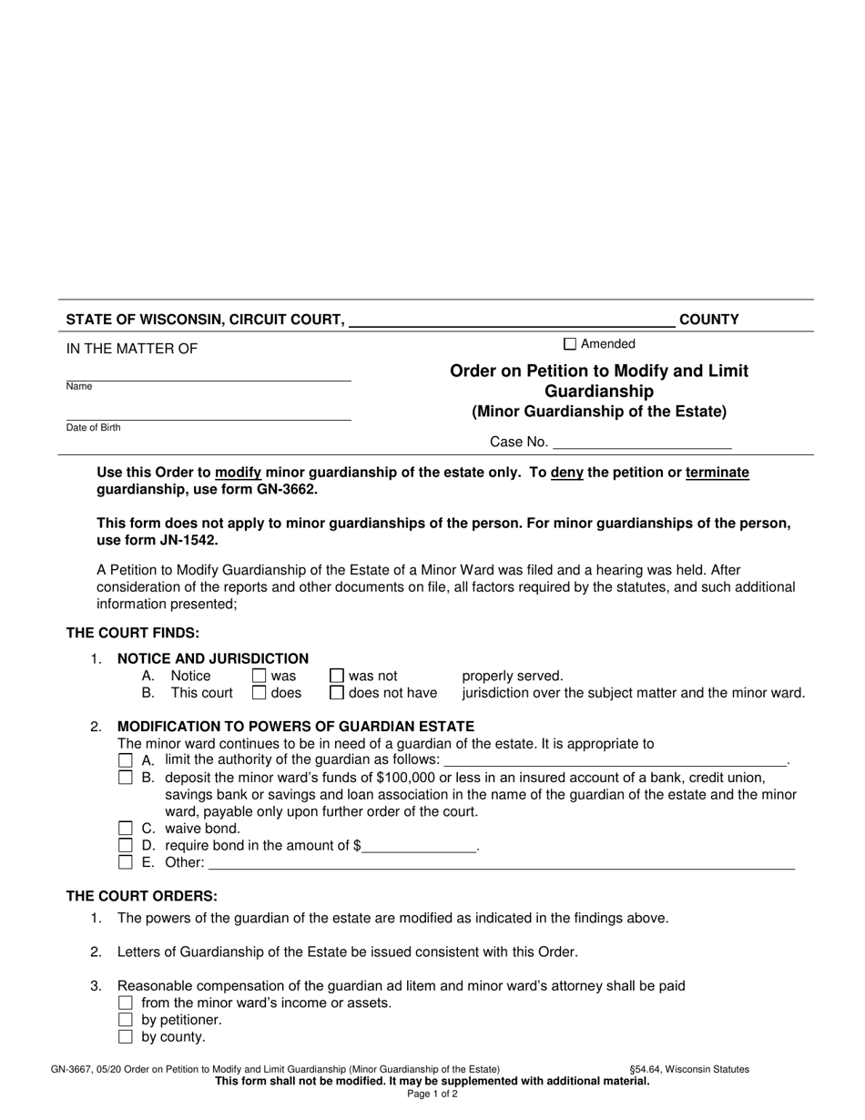Form GN-3667 Order on Petition to Modify and Limit Guardianship (Minor Guardianship of the Estate) - Wisconsin, Page 1