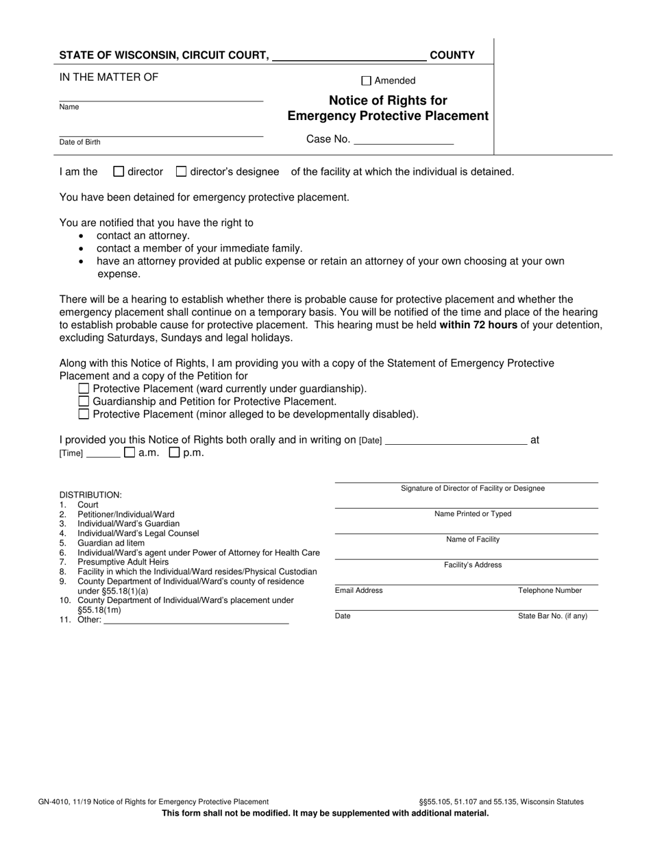Form GN-4010 Notice of Rights for Emergency Protective Placement - Wisconsin, Page 1