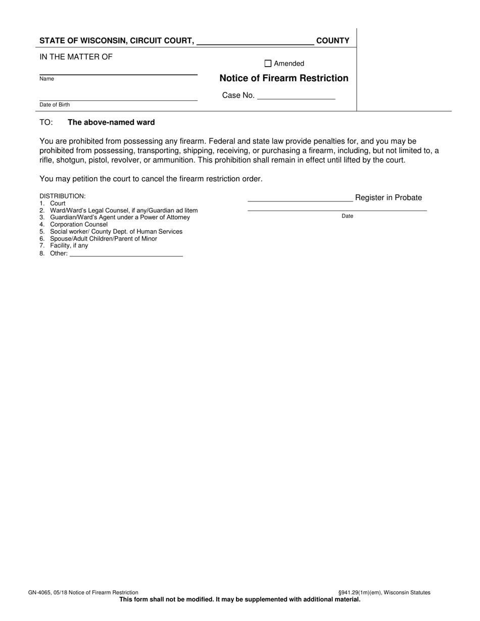 Form GN-4065 Notice of Firearm Restriction - Wisconsin, Page 1
