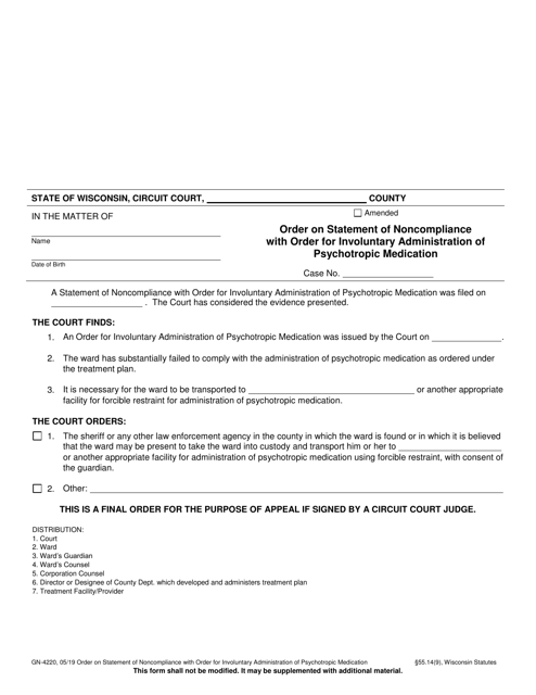 Form GN-4220 Order on Statement of Noncompliance With Order for Involuntary Administration of Psychotropic Medication - Wisconsin