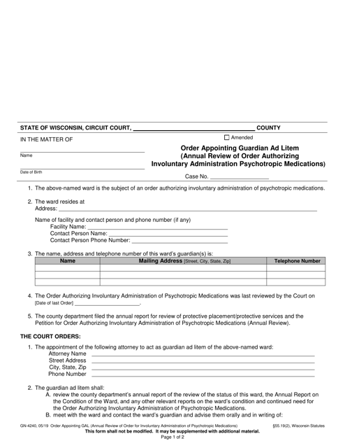 Form GN-4240 Order Appointing Guardian Ad Litem (Annual Review of Order Authorizing Involuntary Administration of Psychotropic Medications) - Wisconsin