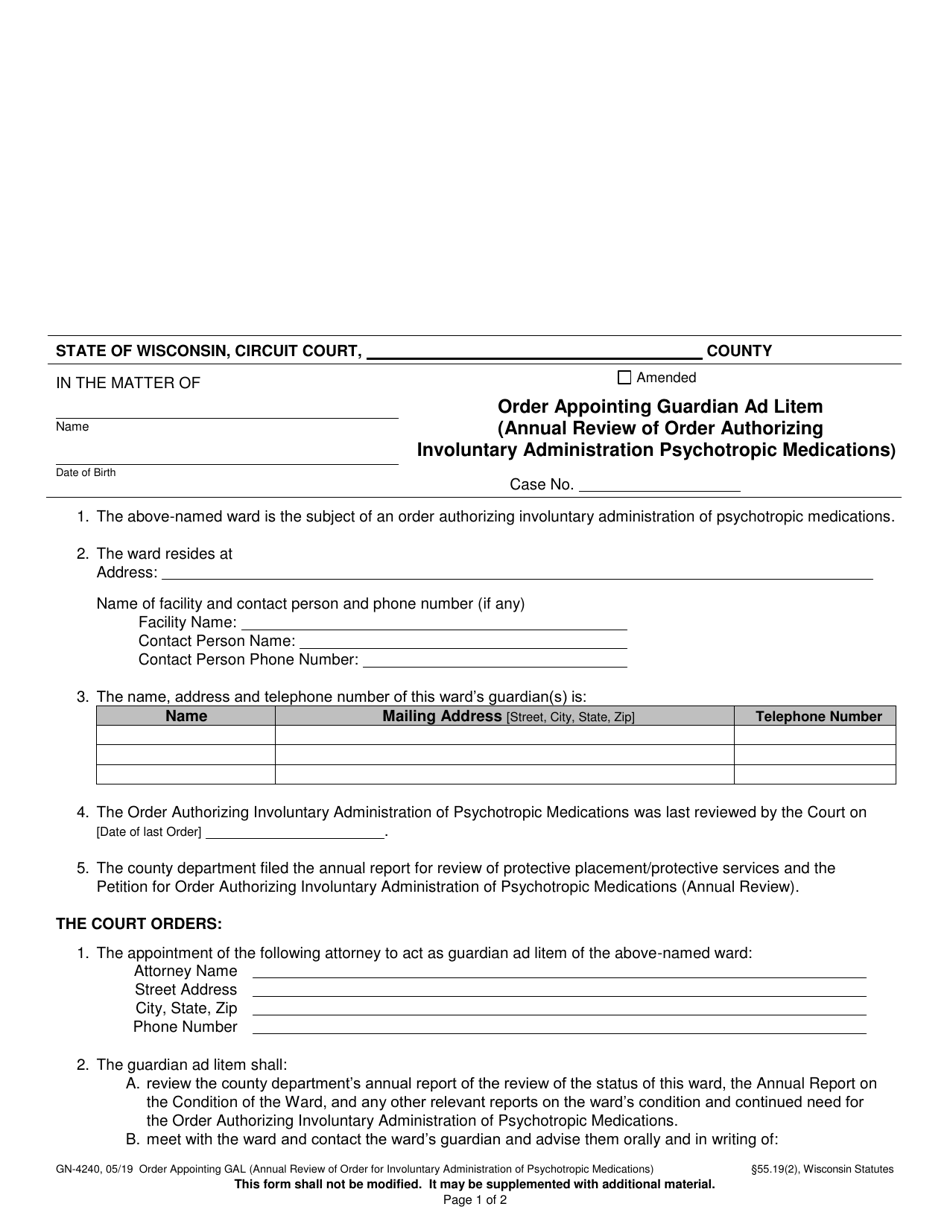 Form GN-4240 Order Appointing Guardian Ad Litem (Annual Review of Order Authorizing Involuntary Administration of Psychotropic Medications) - Wisconsin, Page 1
