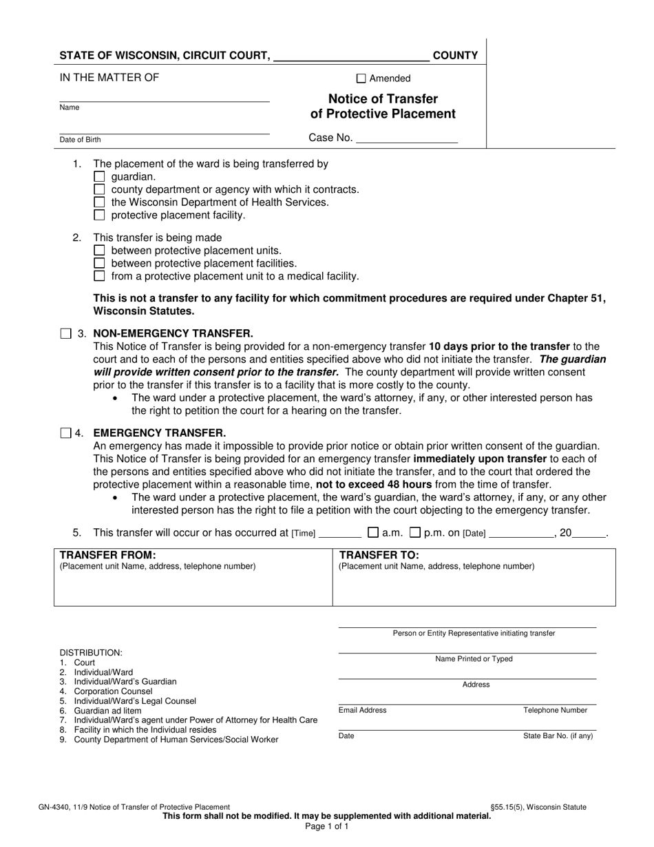 Form GN-4340 Notice of Transfer of Protective Placement - Wisconsin, Page 1