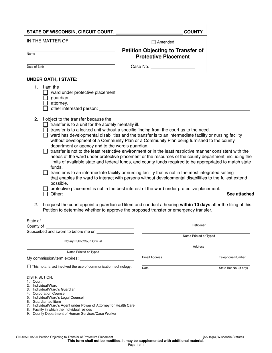 Form GN-4350 Petition Objecting to Transfer of Protective Placement - Wisconsin, Page 1