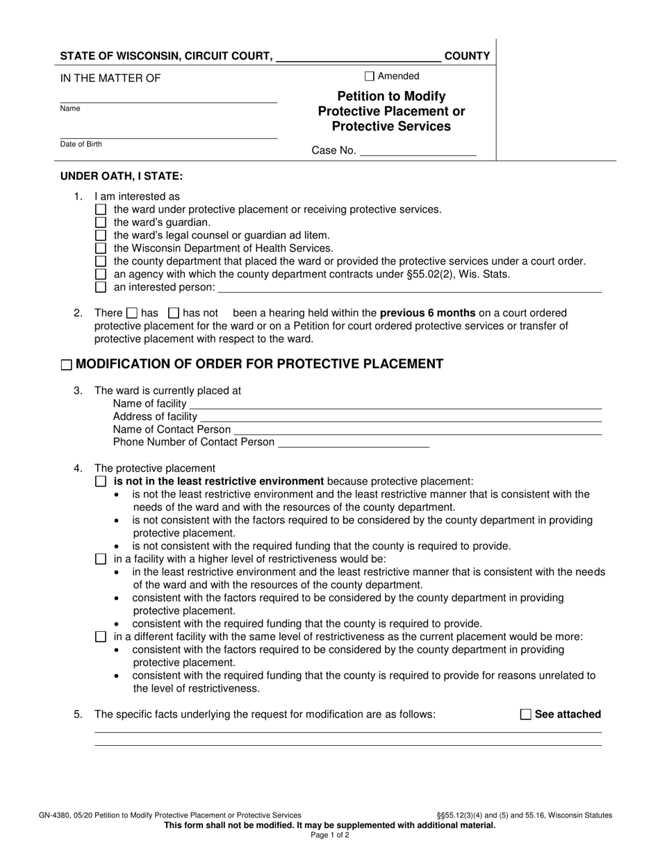 Form GN-4380 Petition to Modify Protective Placement or Protective Services - Wisconsin, Page 1