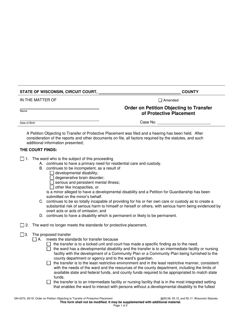 Form GN-4370 Order on Petition Objecting to Transfer of Protective Placement - Wisconsin, Page 1