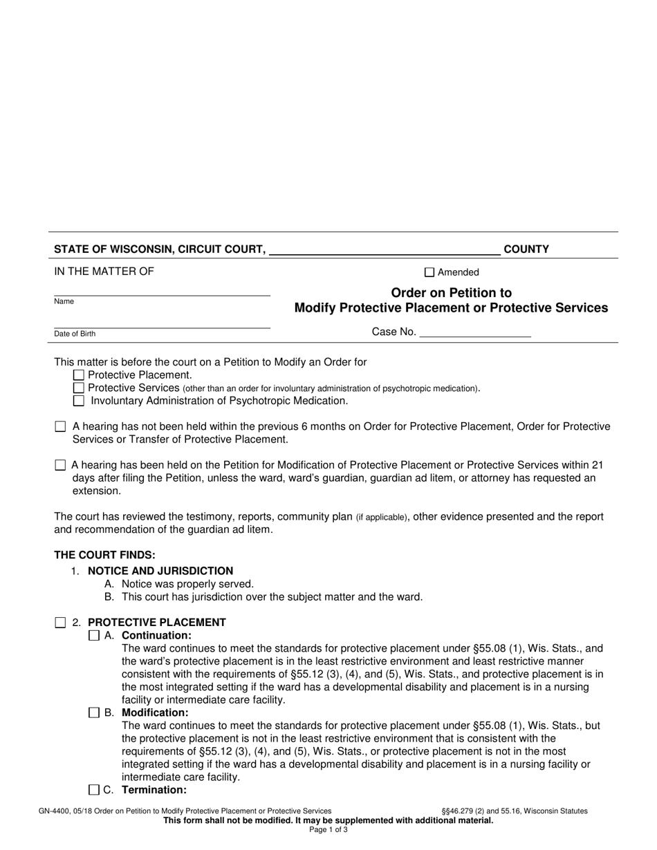 Form GN-4400 Order on Petition to Modify Protective Placement or Protective Services - Wisconsin, Page 1