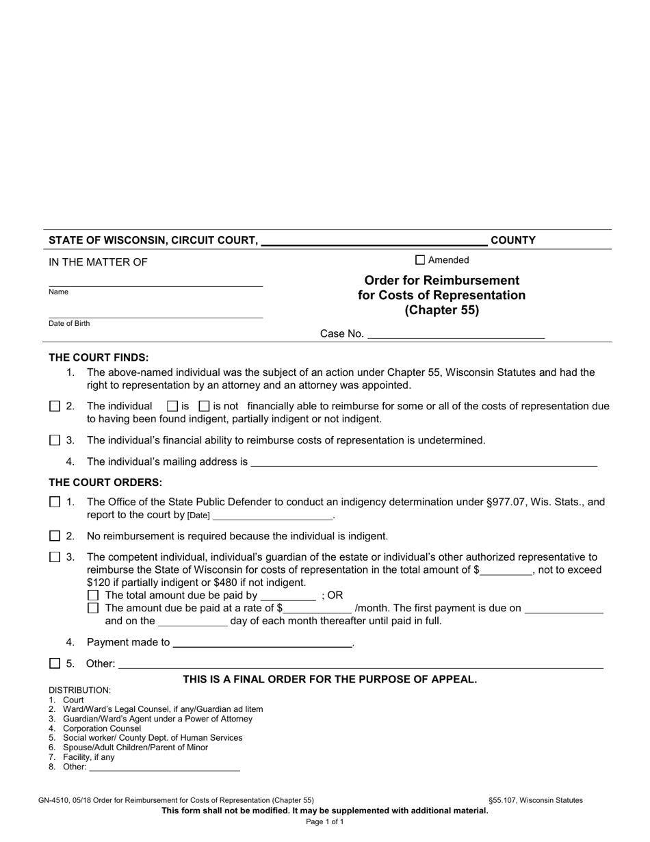 Form GN-4510 Order for Reimbursement for Costs of Representation (Chapter 55) - Wisconsin, Page 1