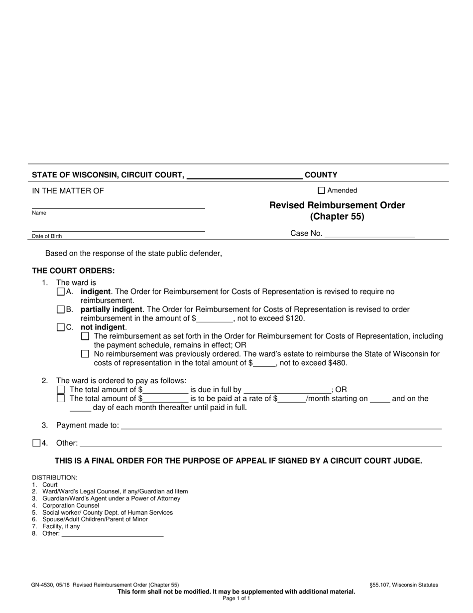 Form GN-4530 Revised Reimbursement Order (Chapter 55) - Wisconsin, Page 1