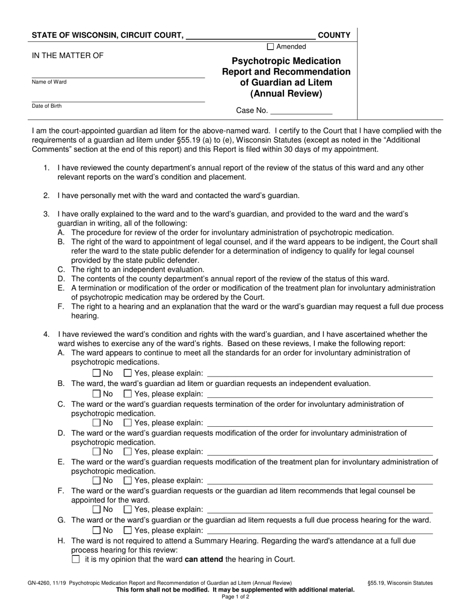 Form GN-4260 Psychotropic Medication Report and Recommendation of Guardian Ad Litem (Annual Review) - Wisconsin, Page 1