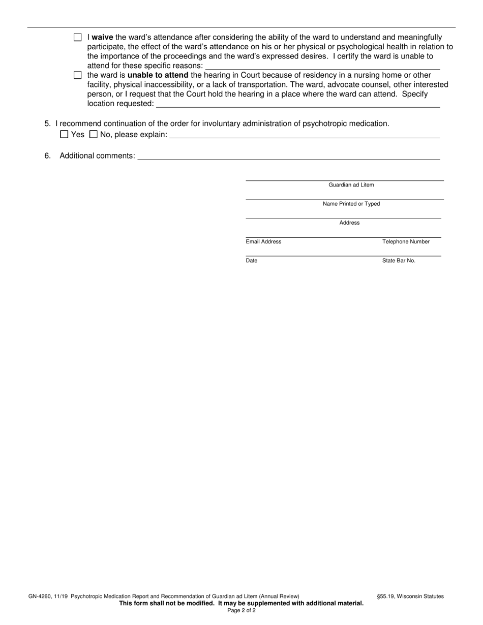 Form GN-4260 Psychotropic Medication Report and Recommendation of Guardian Ad Litem (Annual Review) - Wisconsin, Page 2