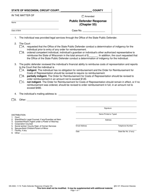 Form GN-4520 Public Defender Response (Chapter 55) - Wisconsin