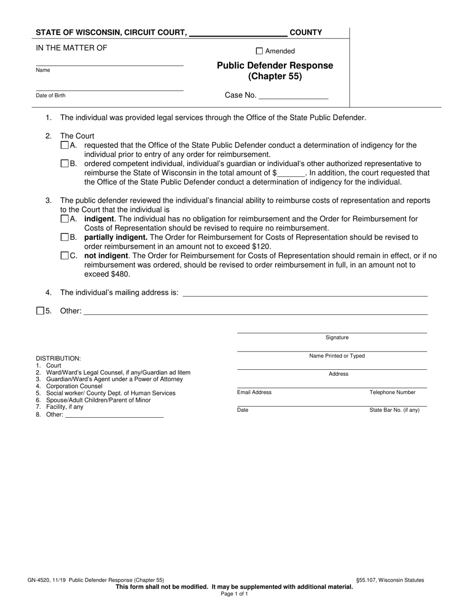 Form GN-4520 Public Defender Response (Chapter 55) - Wisconsin, Page 1